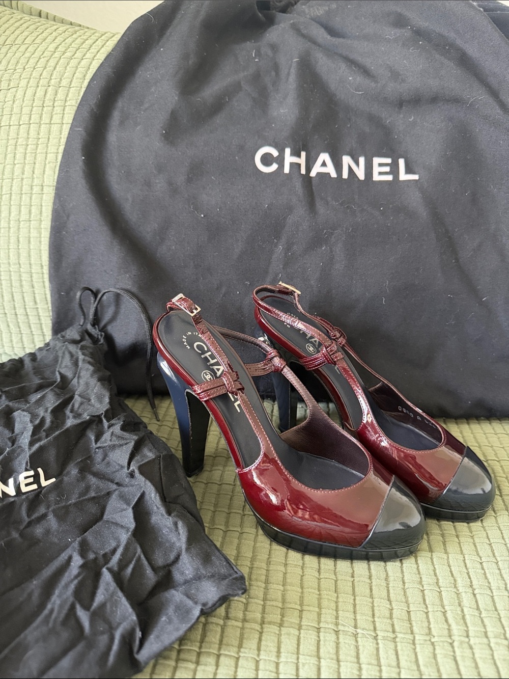CHANEL Burgundy and Navy Patent Slingback Pumps with Cap Toe